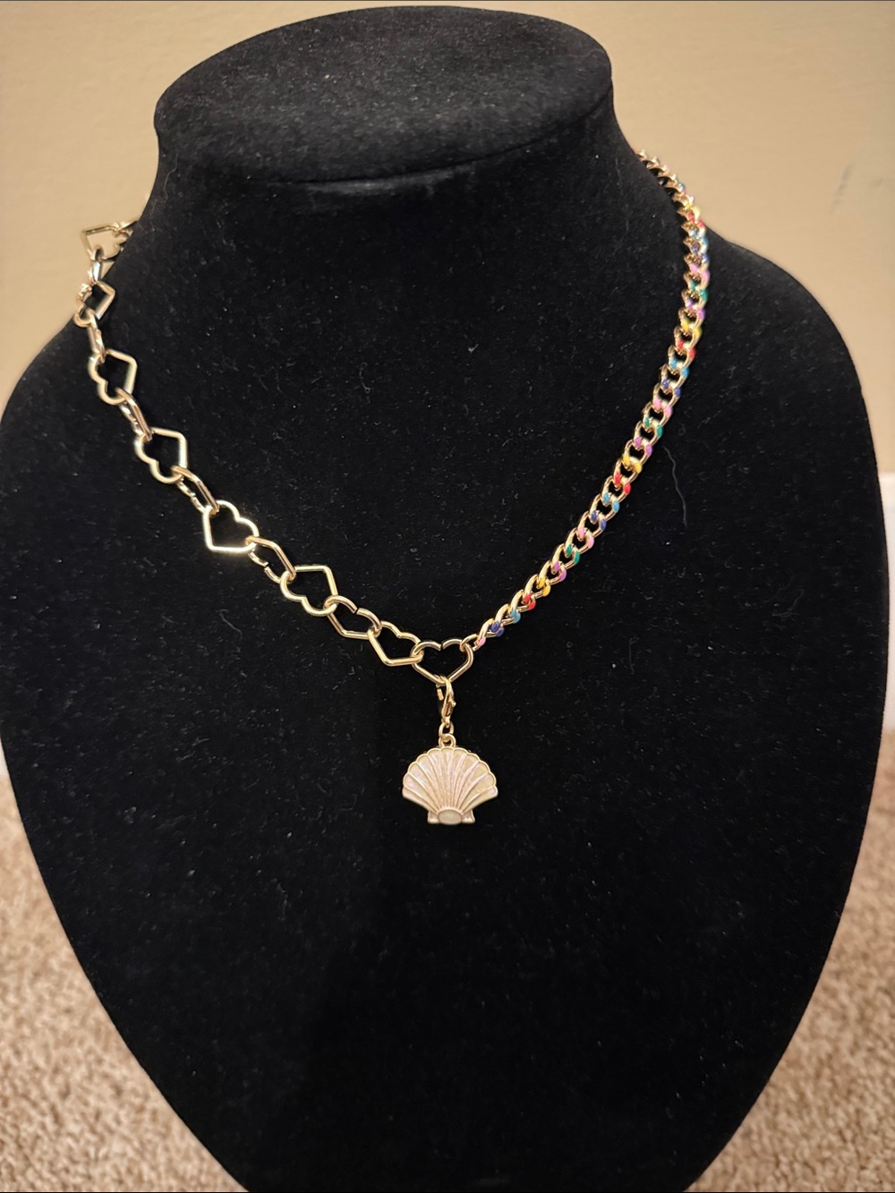 Gold Heart-Link Necklace with Rainbow Chain and Shell Pendant